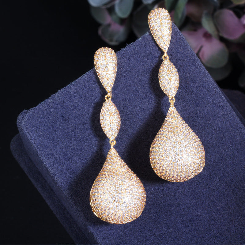Micro-set zirconia earrings copper-plated with three-color full diamonds irregular long style elegant ear pendants