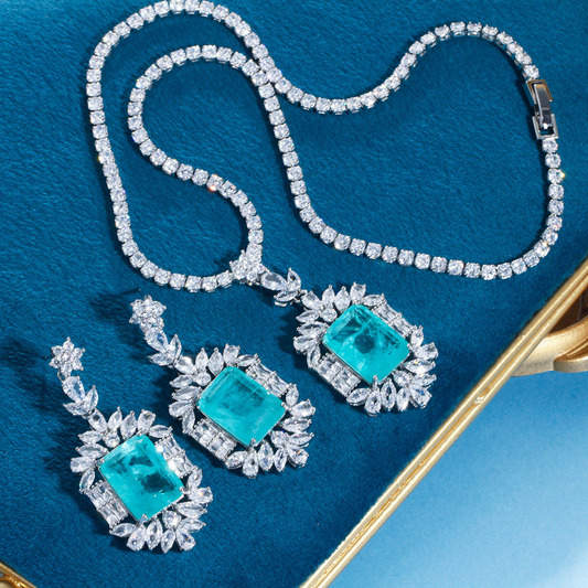 Best-selling sea-blue imitation paraguiaba tourmaline women's necklace pendant earrings set as formal dress accessories