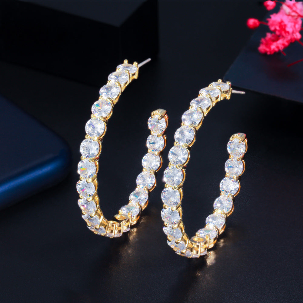 S925 pure silver needle fashion zirconia earrings with large round ear hooks cool style suitable for girls simple and elegant Korean-style earrings