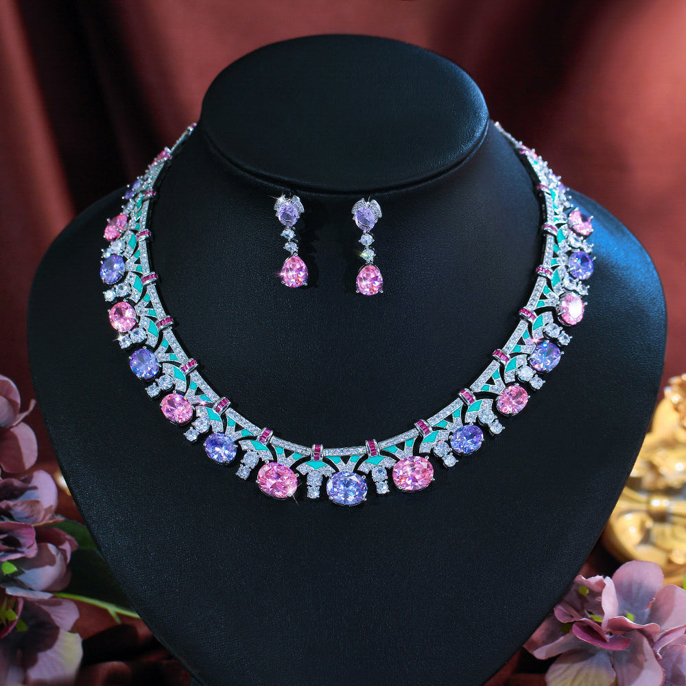 Star-studded style necklace and earrings set with chain elegant enamel heavy-duty set formal dress set zircon jewelry set