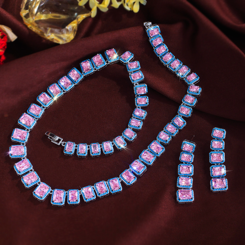 French-style luxurious jewelry necklace earrings set - Pink zirconia ultra-bright evening gown wedding dress bridal accessory chain set