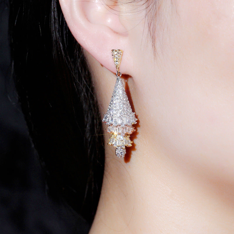 Guangzhou Popular Accessories - European-style Micro-Inset Zirconia Three-Color Crafted Three-Dimensional Skirt Earrings Christmas Tree Earrings Manufacturer