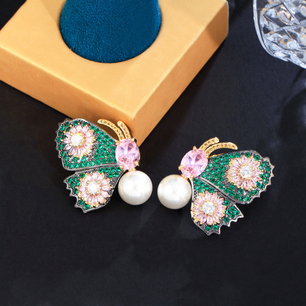 Dazzling fashionable luxurious full of diamonds colorful butterfly pearl earrings with micro-set zircon stones gold-plated copper ear jewelry ear pendants