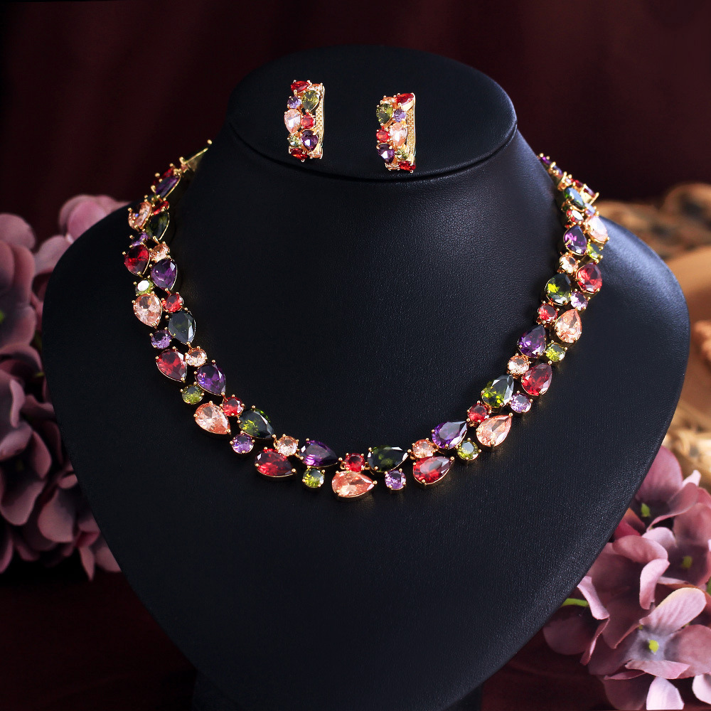 European and American luxurious zircon water-drop Mona Lisa necklace set for formal event dress colorful water-drop earrings and necklace set