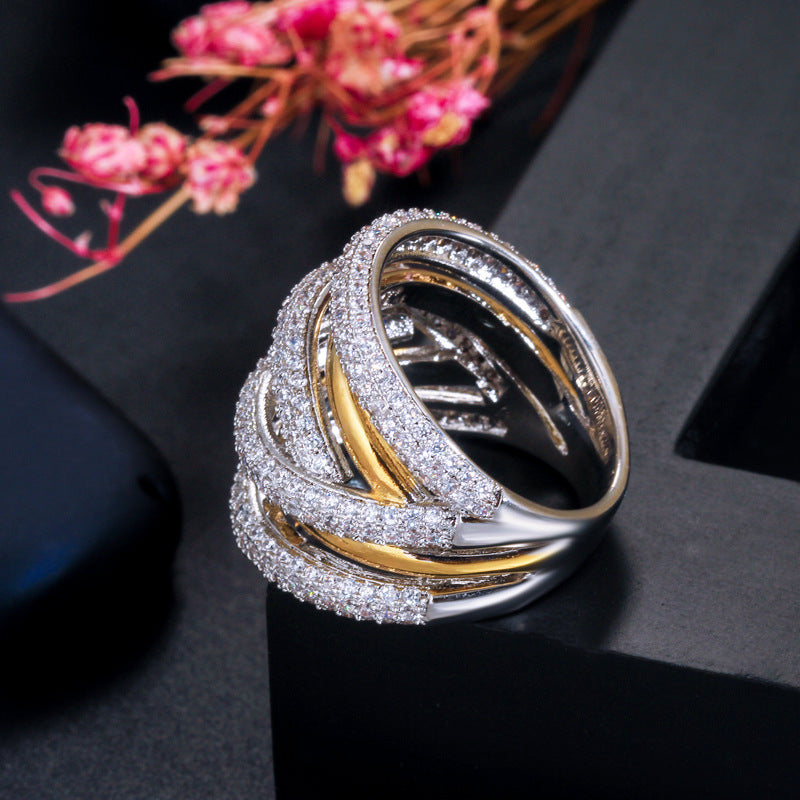 European and American style micro-set diamond ring with double-color electroplating finger ring