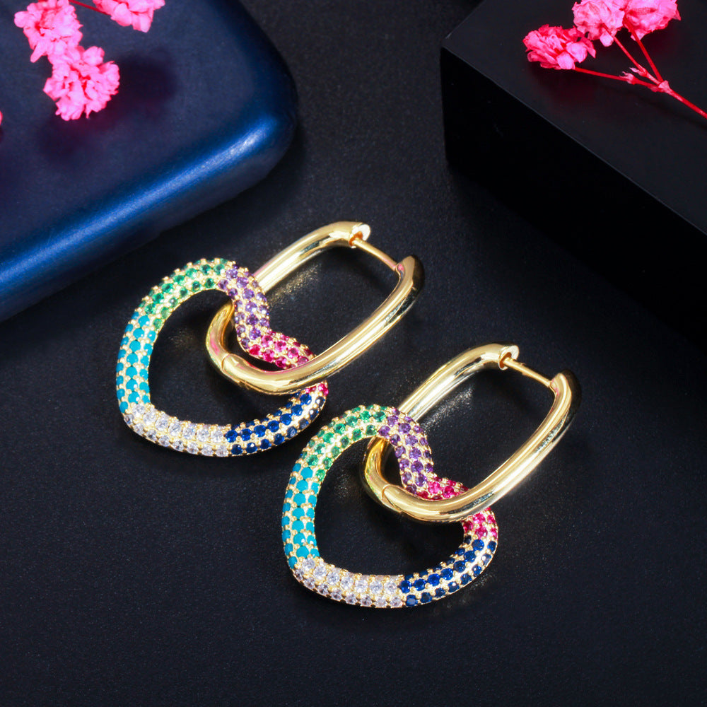 New style personalized double-ring heart-shaped earrings with embedded colorful zircons, trendy hip-hop style earrings