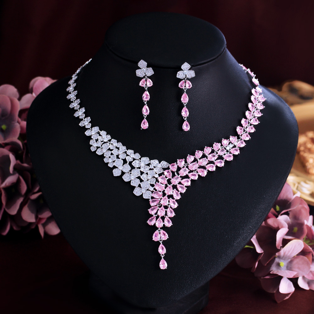 Design-inspired princess pink full-diamond flower necklace and earrings set court-style zircon bracelet evening gown accessories set