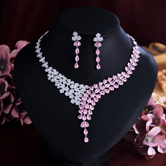 Design-inspired princess pink full-diamond flower necklace and earrings set court-style zircon bracelet evening gown accessories set
