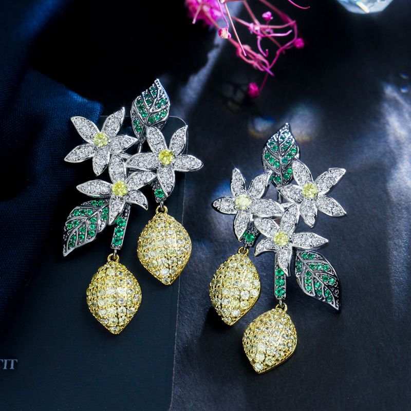 Korean fashion floral drop-shaped lemon tree zircon earrings S925 silver hook earrings for the ears ear accessories