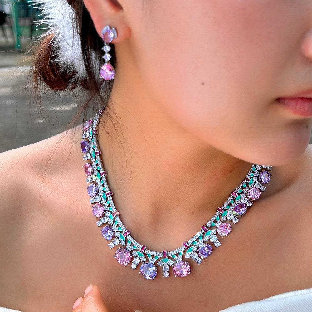 Star-studded style necklace and earrings set with chain elegant enamel heavy-duty set formal dress set zircon jewelry set