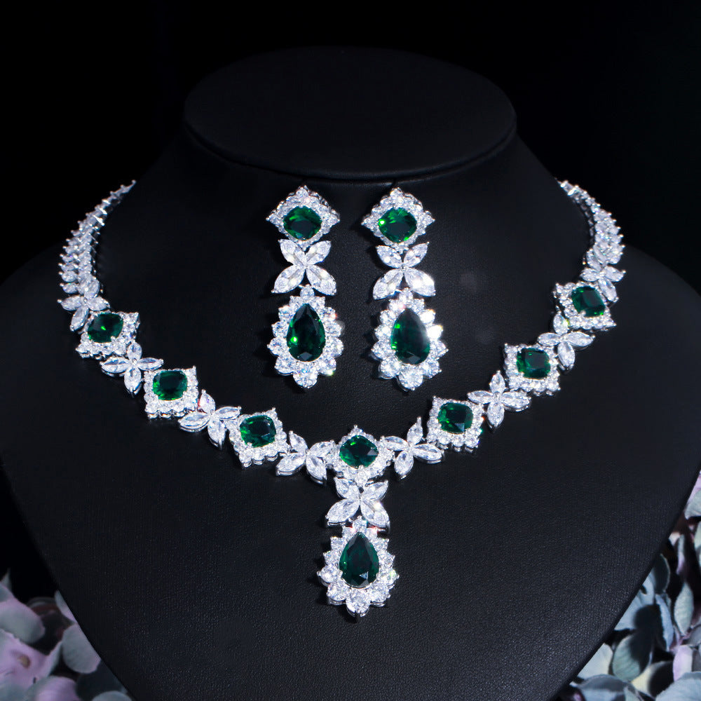 European and American fashion Rilie flower zircon necklace and earrings set emerald gemstone chain wedding dress accessory