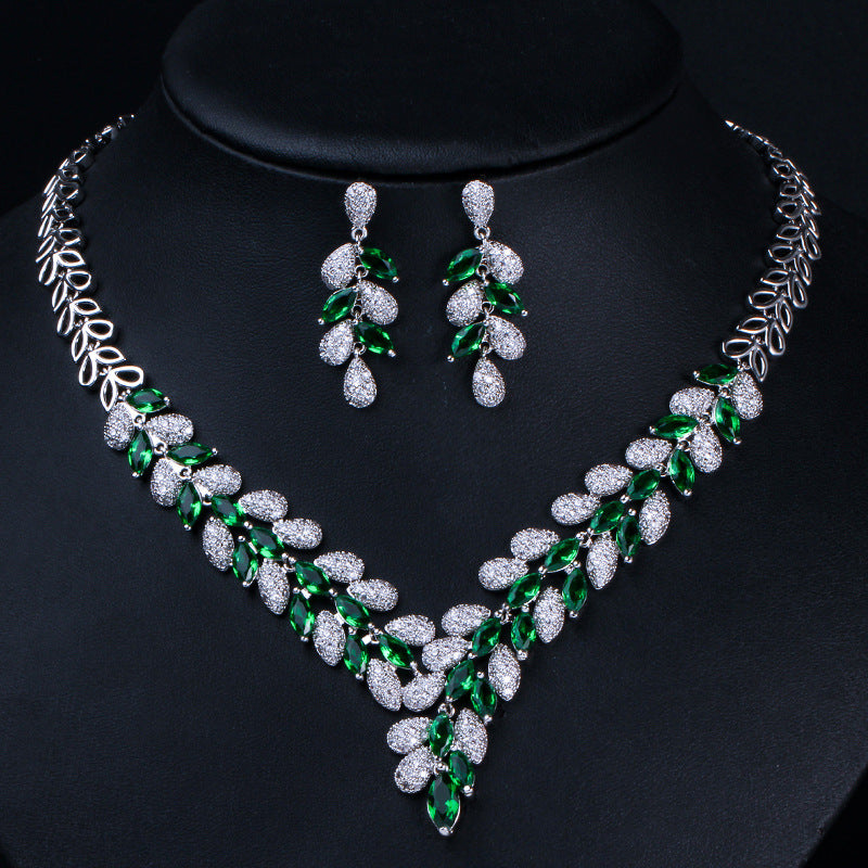 High-end zirconia two-piece bridal banquet earrings and necklace set accessory