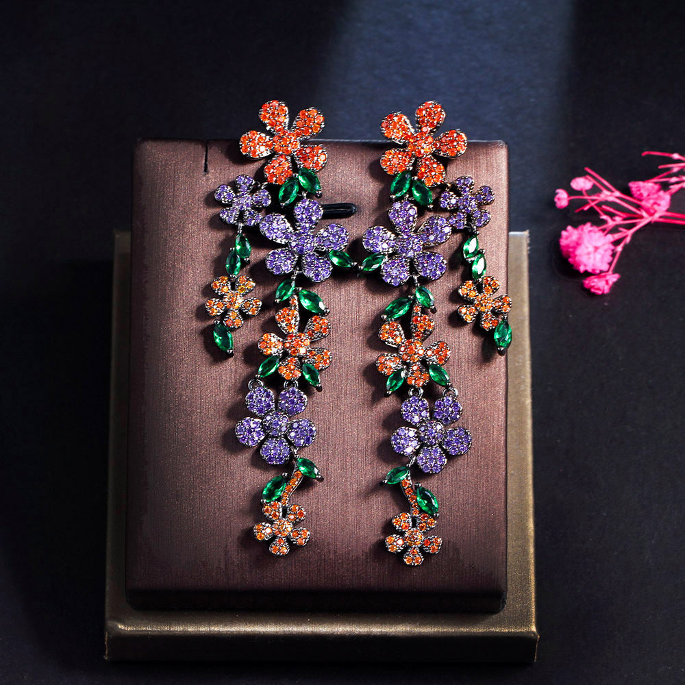 S925 silver needle high-end lady-style flower petal long-style earrings with heavy-weight colored tassels as ear jewelry