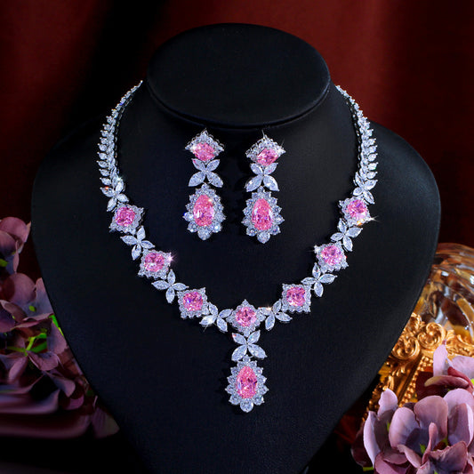 European and American popular jewelry style fashionable pink diamond necklace and earrings set as a two-piece set for formal evening gowns and wedding dresses pink diamond set