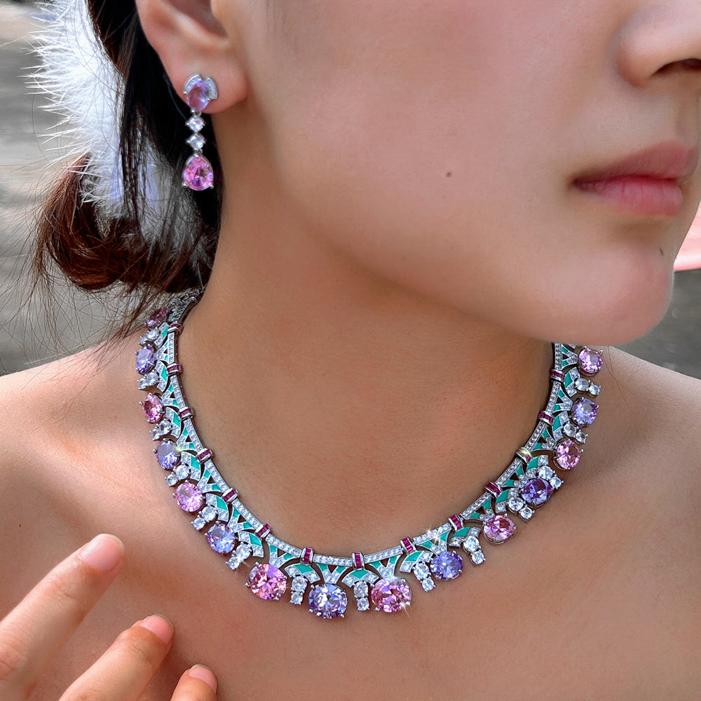 Star-studded style necklace and earrings set with chain elegant enamel heavy-duty set formal dress set zircon jewelry set