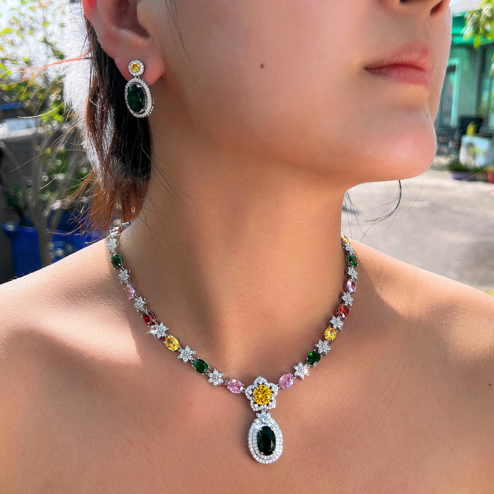 European and American fashionable colorful zircon necklace earrings bracelet evening dress formal wear bridal jewelry set