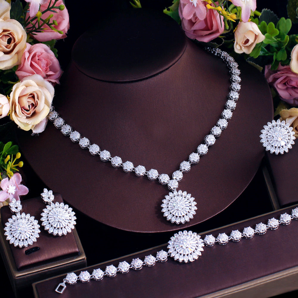 European and American cross-border flower zircon necklace earrings bracelet ring set for bridesmaid outfits wedding dresses accessory chains