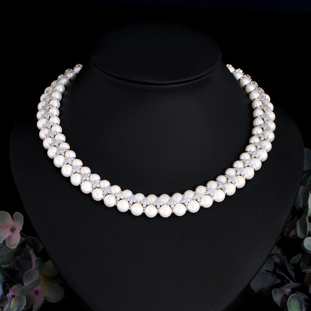 Korean fashionista double-layer freshwater pearl necklace - elegant and unique collar chain with pearl and zircon gemstones - women's necklace