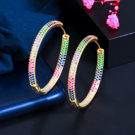 European and American popular jewelry - micro-set colored zirconia large earrings with gold and black gold electroplated ear stems, elegant earrings