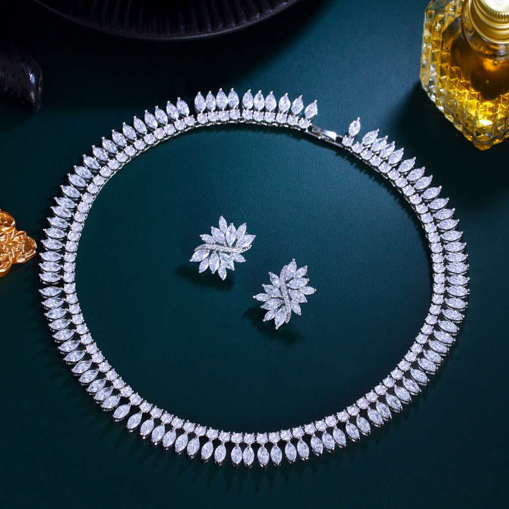 European and American fashion full-diamond evening gown cocktail necklace earrings set chain with marquise zirconia effect bridal set