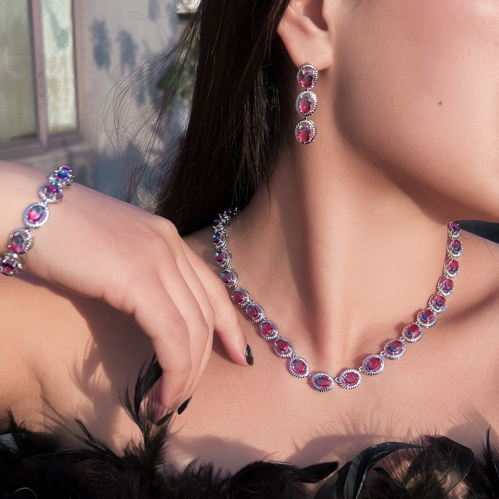European and American necklace, earrings and bracelet with zirconium stones - bridal wedding dress high-end jewelry elegant set - three-piece suit for formal evening wear