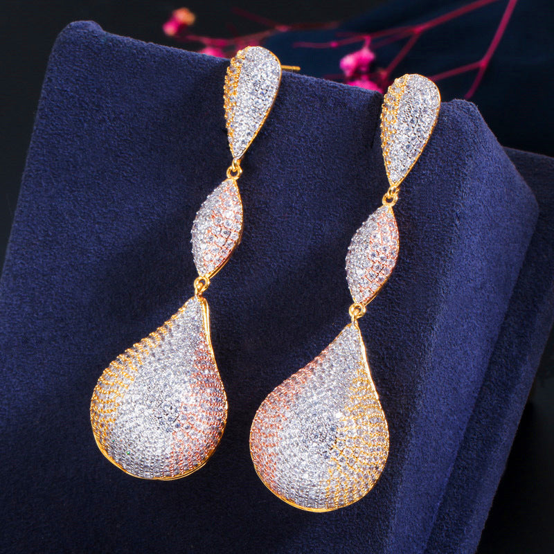Micro-set zirconia earrings copper-plated with three-color full diamonds irregular long style elegant ear pendants