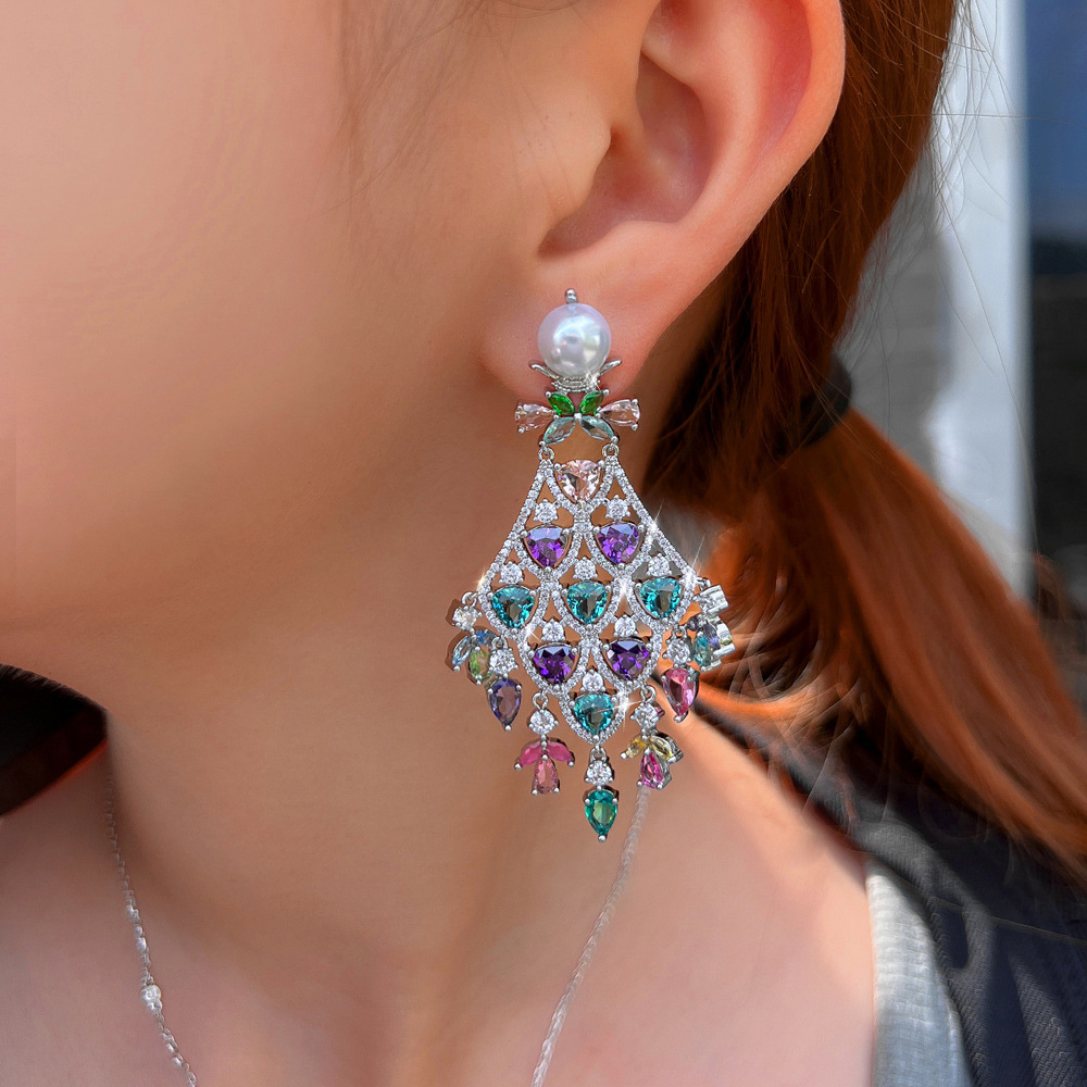 Fashionable luxury color zircon pendant earrings with fan-shaped fringes Long dress style 925 silver needle evening party earrings and accessories