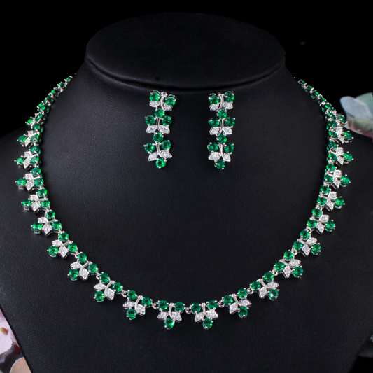 European and American trend simple and fashionable zirconium leaf-shaped bridal necklace and dress matching elegant earrings two-piece set