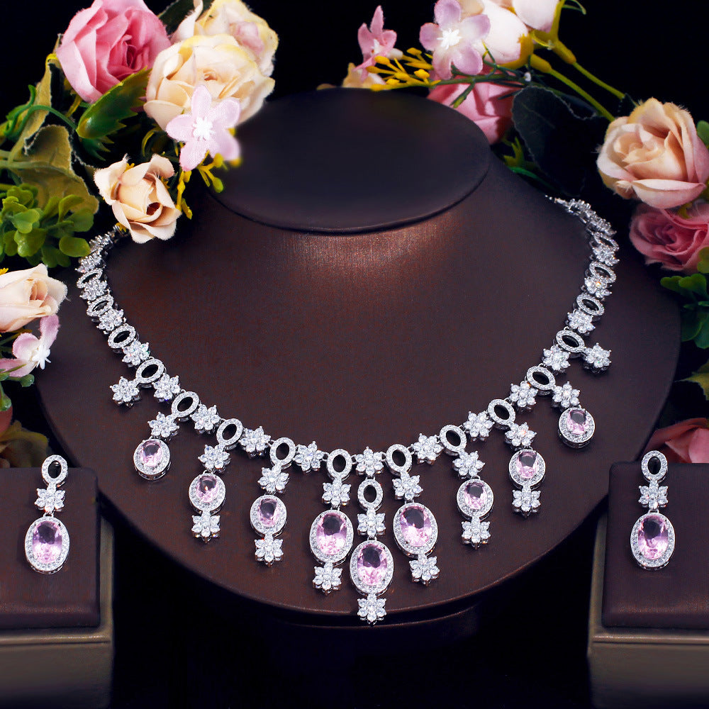 French-style wedding banquet diamond tassel earrings and necklace set - complete zirconia bridal wedding dress jewelry chain set