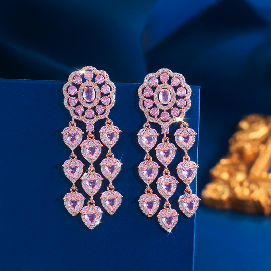 925 silver needle heavy industry hollowed-out heart-shaped pink zirconia earrings - luxurious drop-style earrings elegant and personalized a piece of exquisite jewelry