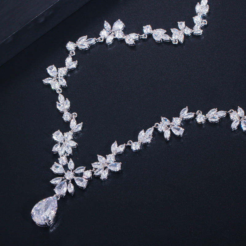 Korean wholesale wedding jewelry - diamond-set zirconian brides' necklaces earrings, bracelet wedding dress accessories two-piece set of jewelry