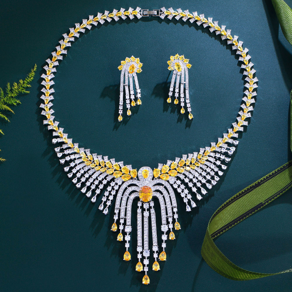 Heavy Industry Ultra-Shine High-End Luxurious Fringe Zircon Necklace Set for Evening Gown Bridal Accessories Bracelet Earrings