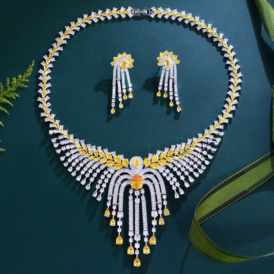 Heavy Industry Ultra-Shine High-End Luxurious Fringe Zircon Necklace Set for Evening Gown Bridal Accessories Bracelet Earrings