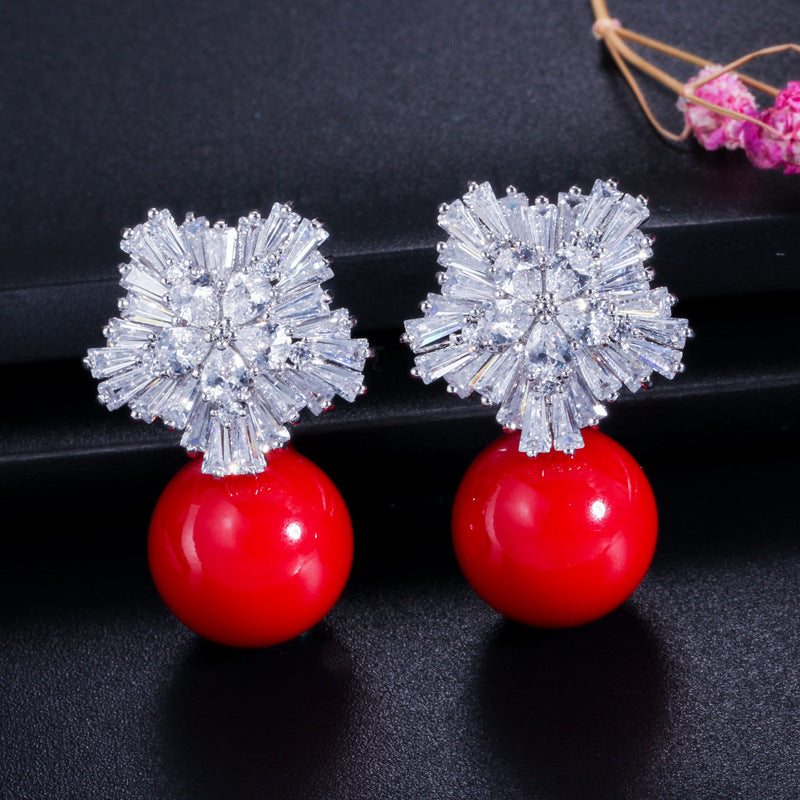 Snowflake Zirconia Beaded Earrings - Korean-style Stud Earrings with Shell Pearl for Weddings and Formal Events