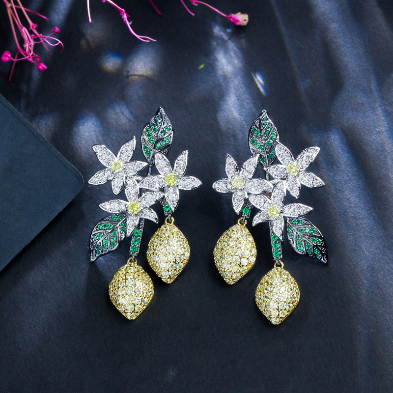 Korean fashion floral drop-shaped lemon tree zircon earrings S925 silver hook earrings for the ears ear accessories
