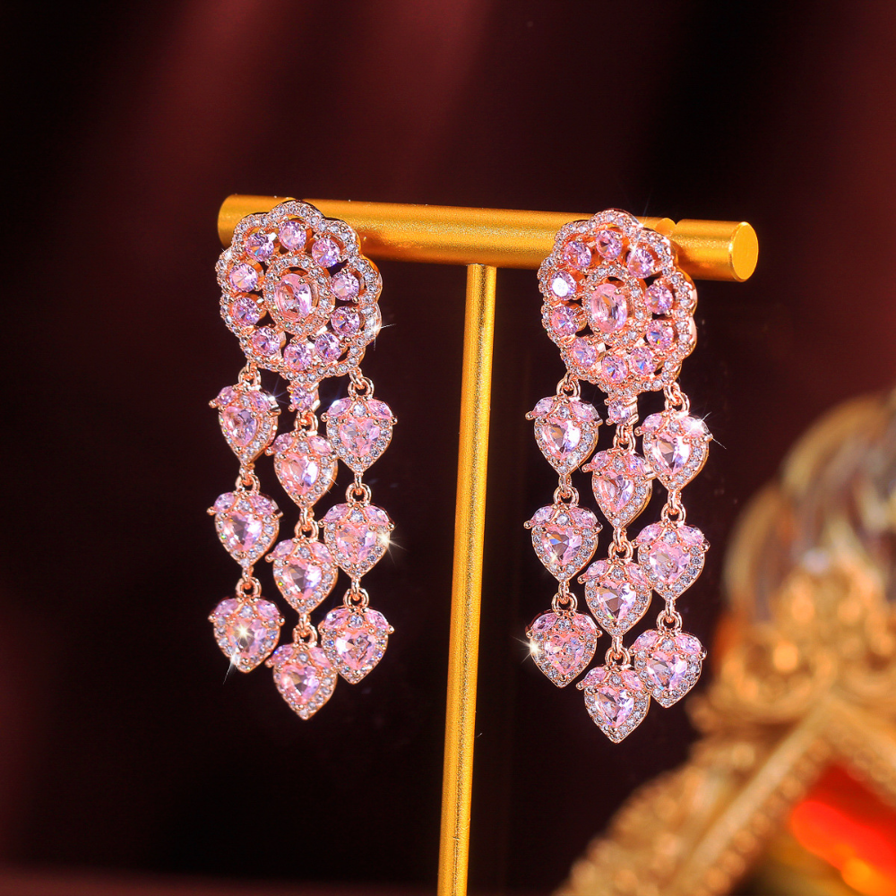 925 silver needle heavy industry hollowed-out heart-shaped pink zirconia earrings - luxurious drop-style earrings elegant and personalized a piece of exquisite jewelry