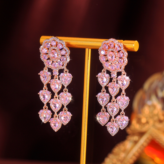 925 silver needle heavy industry hollowed-out heart-shaped pink zirconia earrings - luxurious drop-style earrings elegant and personalized a piece of exquisite jewelry