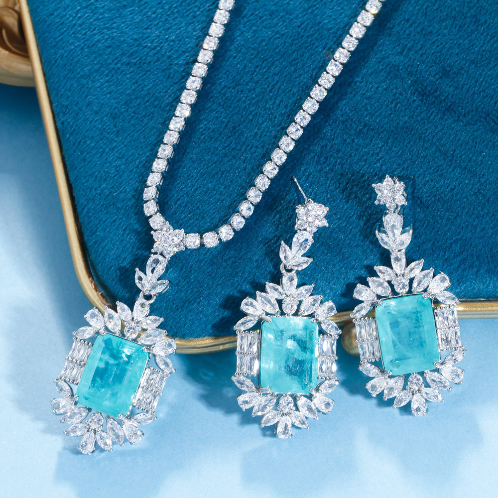 Best-selling sea-blue imitation paraguiaba tourmaline women's necklace pendant earrings set as formal dress accessories