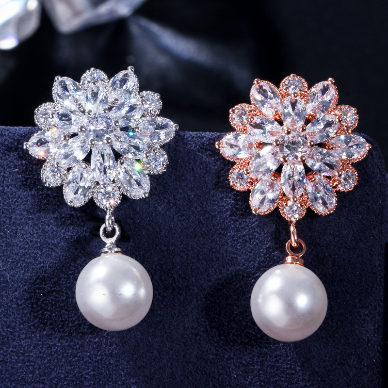 European-style bridal earrings - pearl with tiny inlaid zirconia combination earrings