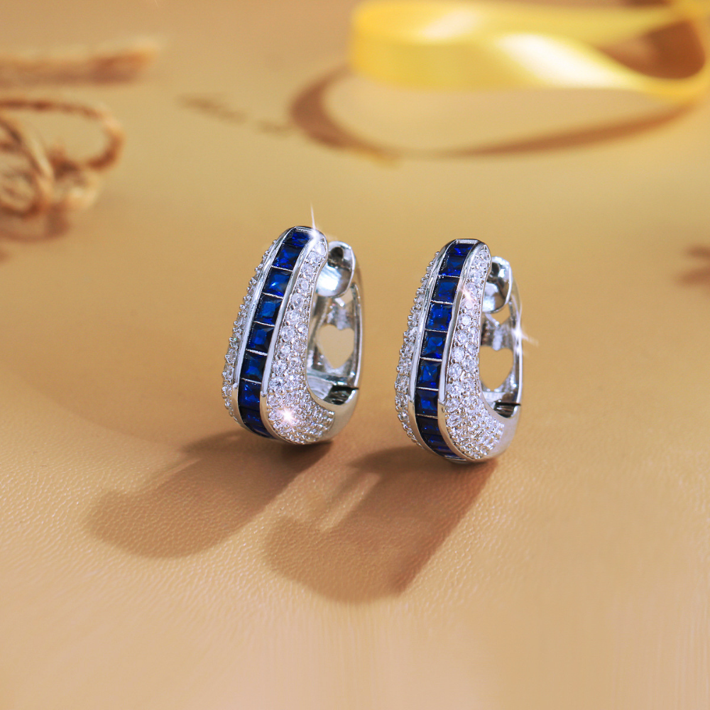 European and American full-circle square-shaped ear studs featuring bright blue zirconia This is a fashionable luxurious niche design in a sweet and cool style It is an earpiece accessory