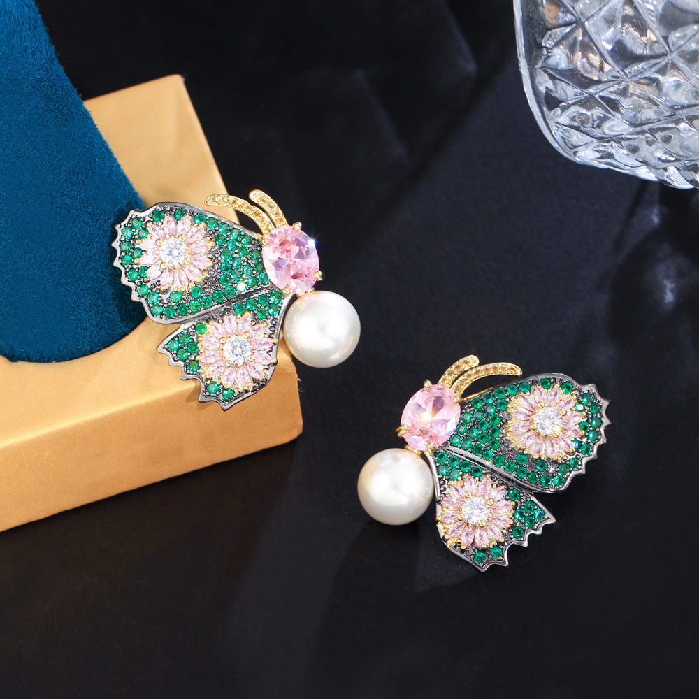 Dazzling fashionable luxurious full of diamonds colorful butterfly pearl earrings with micro-set zircon stones gold-plated copper ear jewelry ear pendants