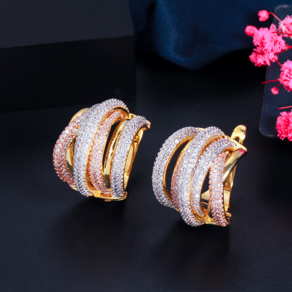 Best-selling earrings - three-color electroplated with tiny-set zirconia - eye-catching earrings with ear clasps