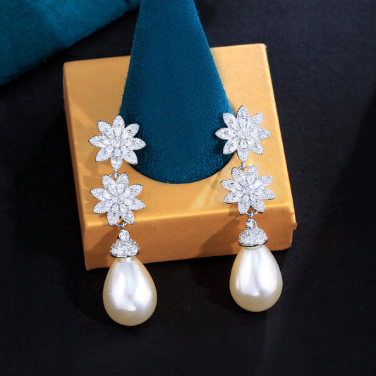 S925 silver filigree earrings with European style, luxurious and elegant, featuring delicate flower and pearl designs with tiny inlaid zirconia stones Suitable for high-class ladies Ear jewelry
