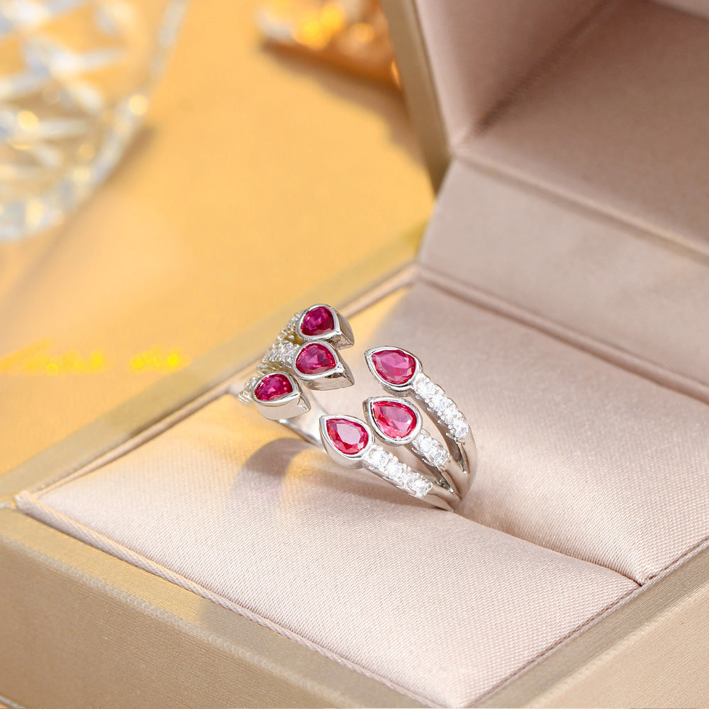 Japanese and Korean sweet waterdrop ruby ring with tiny inlaid zircons a unique design with a high-end touch a three-row handpiece ring