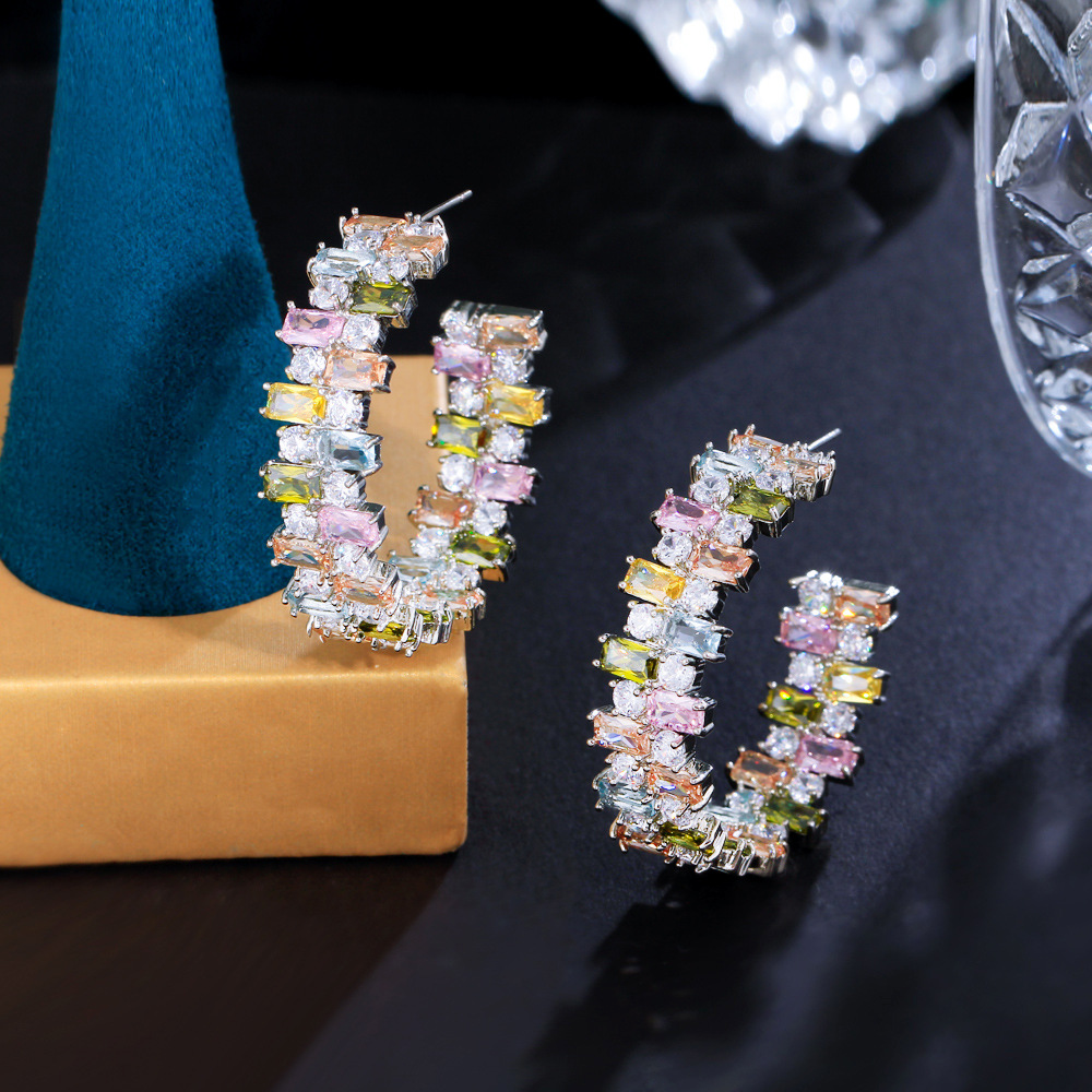 S925 silver needle heavy industry color C-ring earrings elegant candy-shaped square zirconia irregular colored diamonds small earrings that enhance facial appearance
