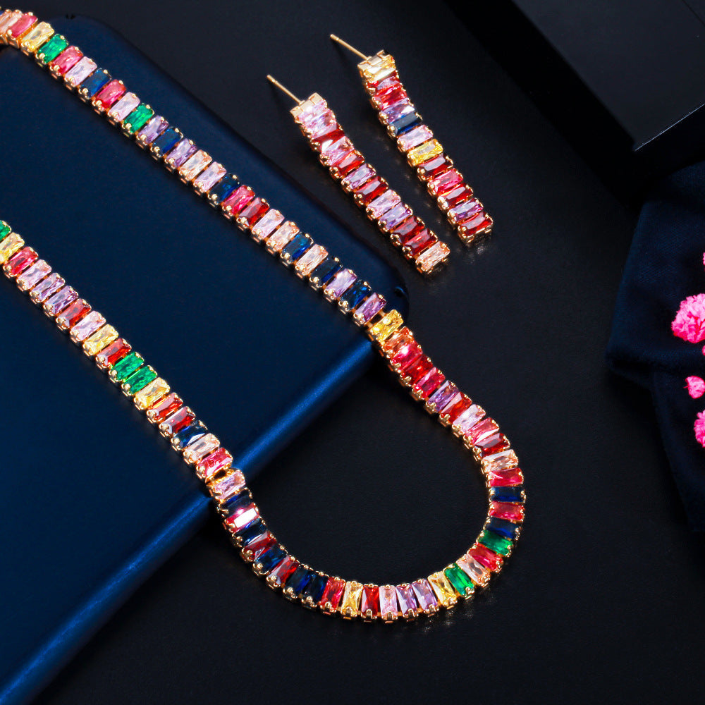 European and American full-cut diamond simple rainbow-colored zircon necklace fashionable evening party necklace earrings set