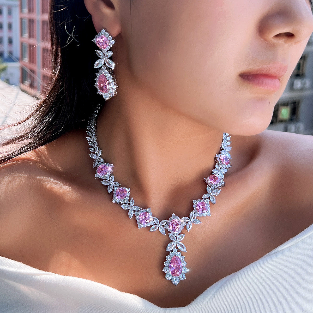 European and American popular jewelry style fashionable pink diamond necklace and earrings set as a two-piece set for formal evening gowns and wedding dresses pink diamond set