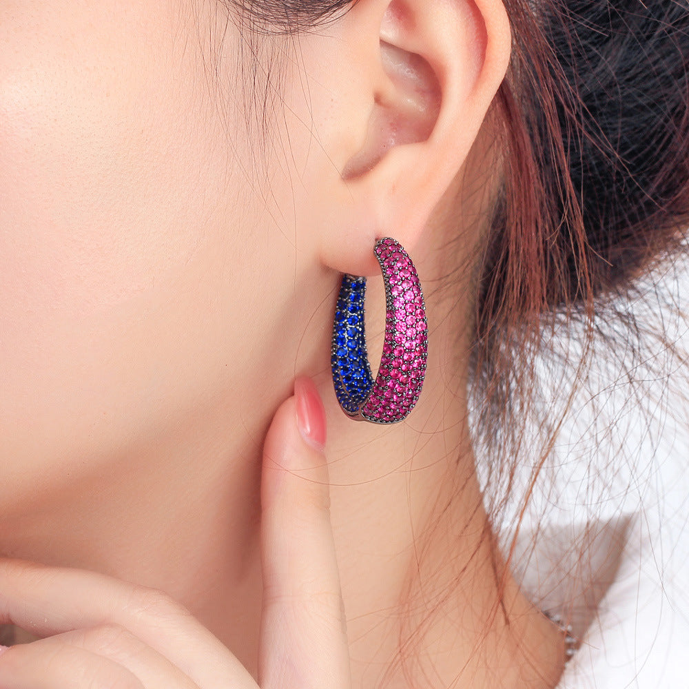 S925 silver needle European luxury exaggerated and grand circular ear stud earrings with black zirconium gemstone inlay, ear jewelry C-shaped earrings