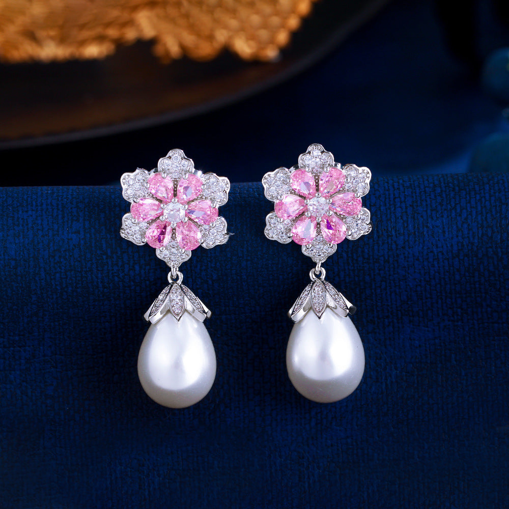 Japanese and Korean light luxury micro-set flower cherry blossom pearl earrings, princess pink diamond teardrop-shaped pearl earrings ear ornaments set