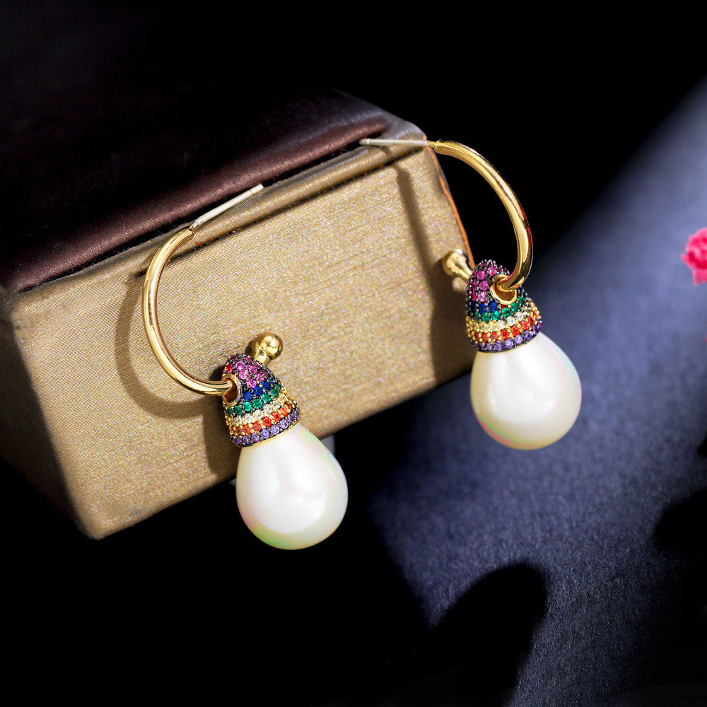 S925 silver jewelry trendy online celebrity rainbow earrings in retro court style with heavy-colored zirconia small skirt-shaped earrings with ear hooks